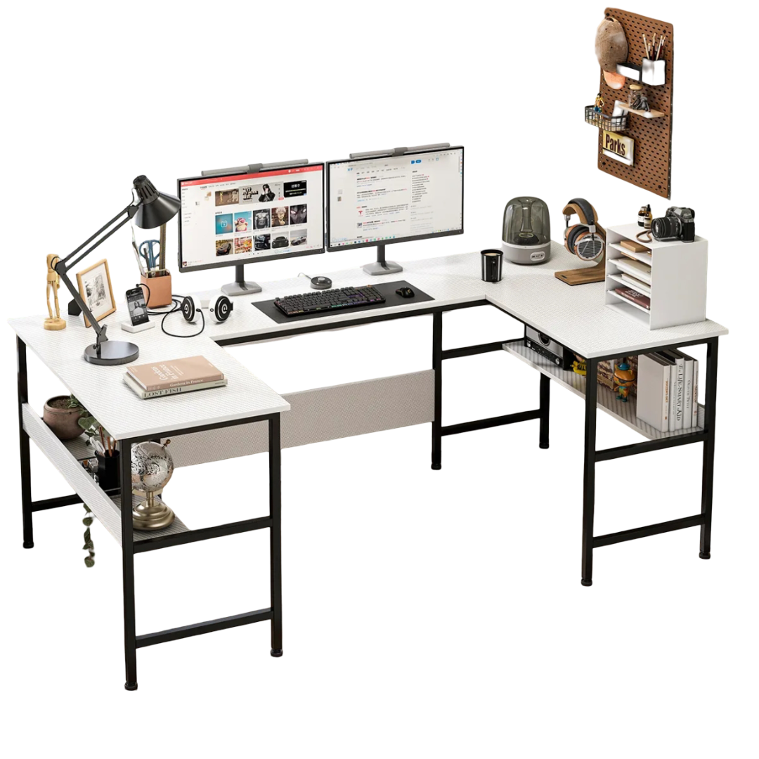 Escritorio industrial en U de madera y metal, ideal para maximizar el espacio de trabajo en un setup amplio.